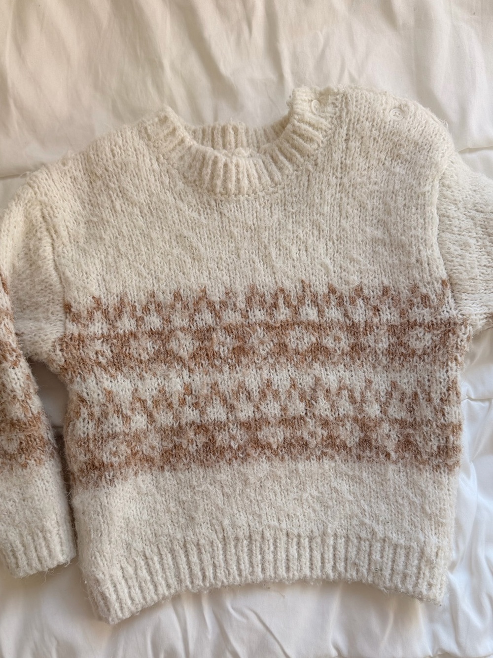Mango Cream Crewneck Sweater with Tan Fair Isle Detail